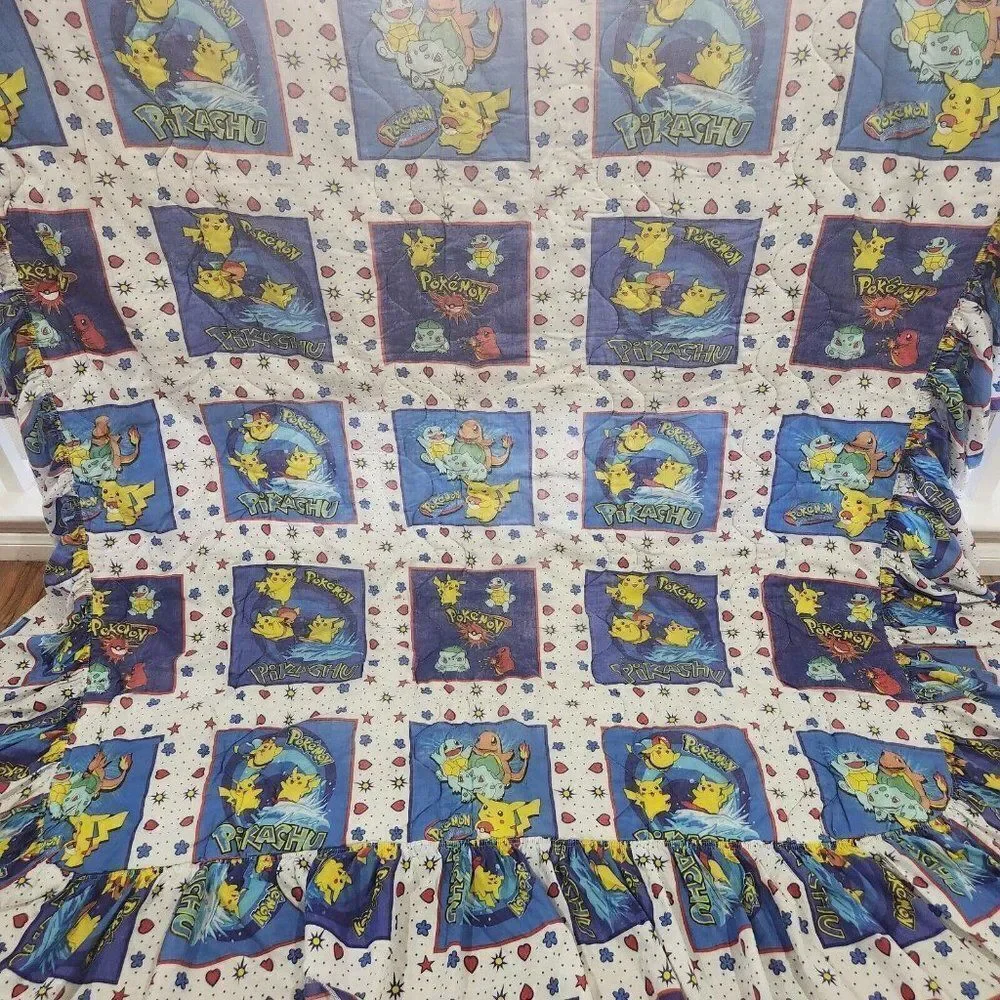 Vintage 90s Pokemon Pikachu Bedspread Comforter Blue White Multi Ruffle Twin
